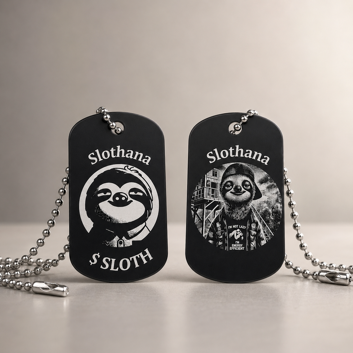 Dog Tag – 50 × 29 × 1 mm – hliník – černá – Slothana: Young Sloth – s gravírováním
