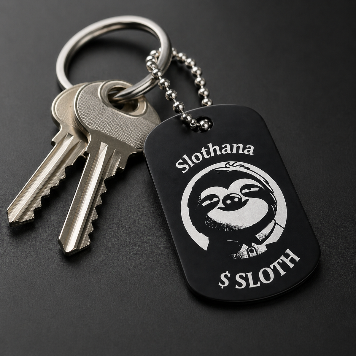 Dog Tag – 50 × 29 × 1 mm – hliník – černá – Slothana: Young Sloth – s gravírováním
