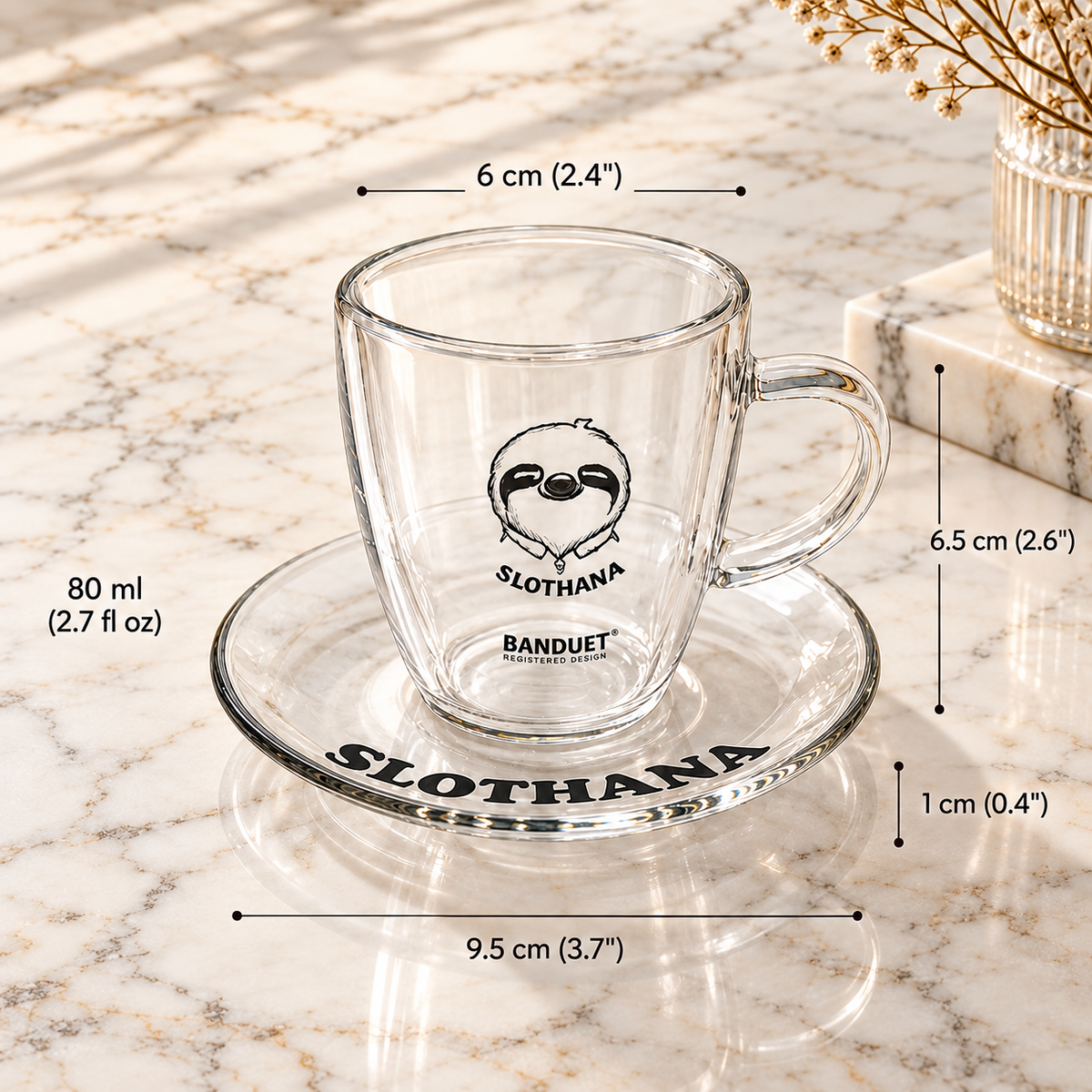 Slothana glass cup and saucer – 50 ml – clear glass – finished engraving