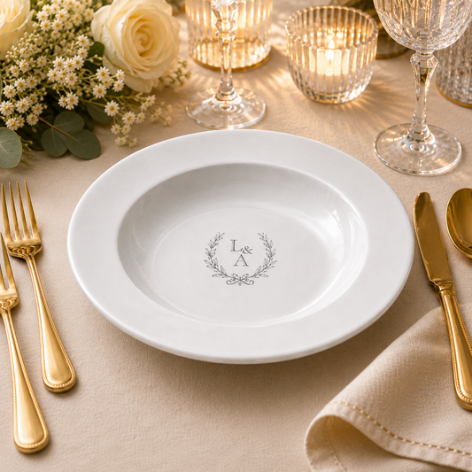 White deep porcelain plate – Ø 240 × 40 mm – with engraving