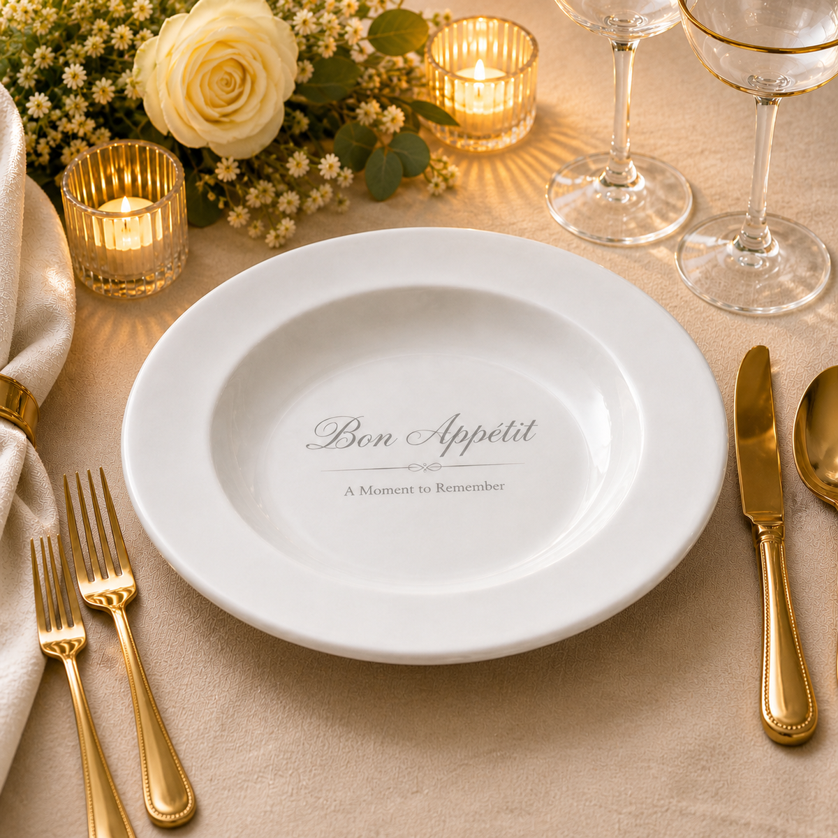 White deep porcelain plate – Ø 240 × 40 mm – with engraving