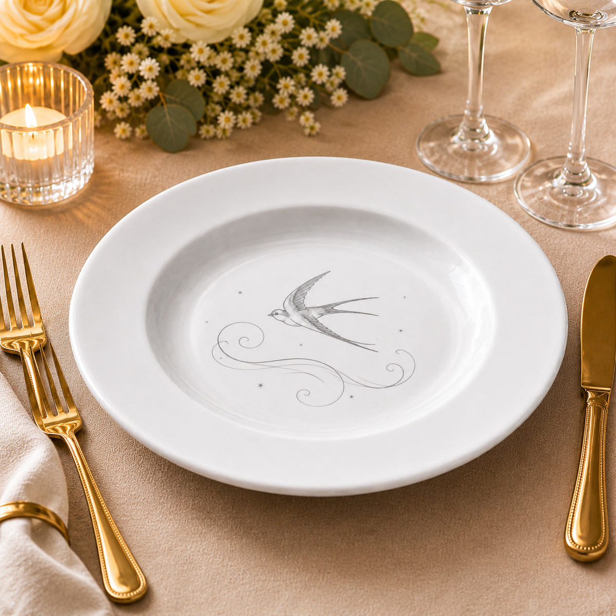 White deep porcelain plate – Ø 240 × 40 mm – with engraving