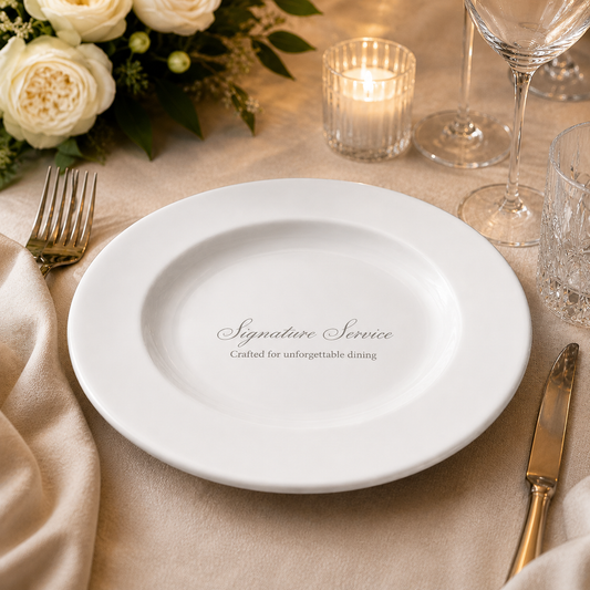 White shallow porcelain plate – Ø 245 × 25 mm – with engraving