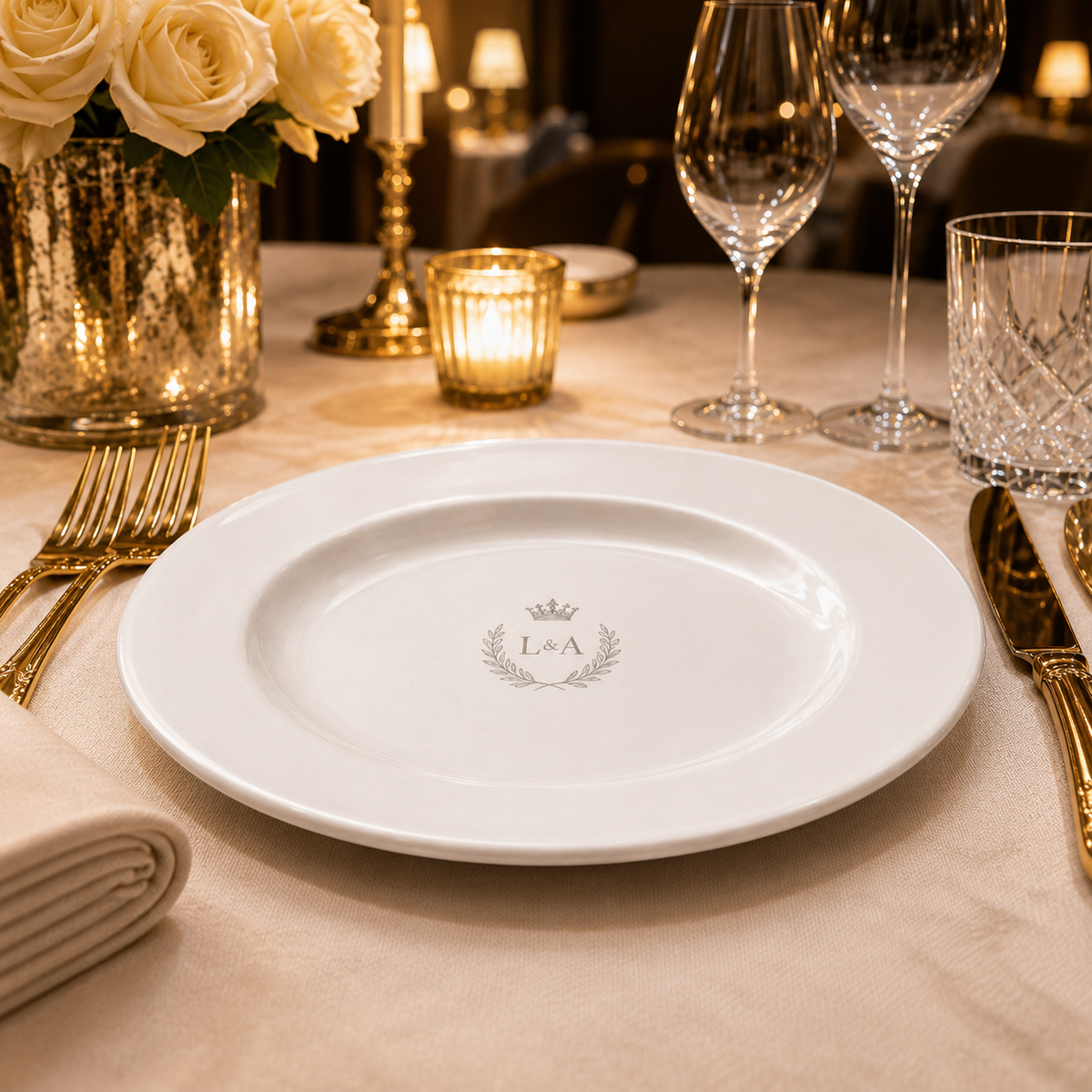 Flacher weißer Porzellanteller – Ø 245 × 25 mm – mit Gravur