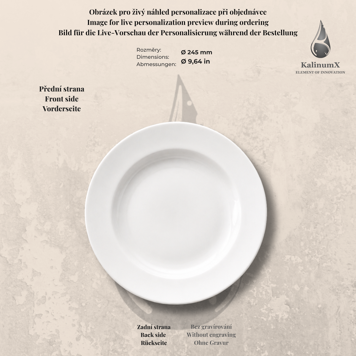 Flacher weißer Porzellanteller – Ø 245 × 25 mm – mit Gravur