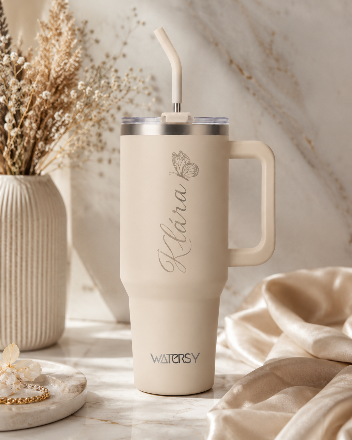 Watersy-Thermobecher – 1182 ml / 40 oz – Edelstahl – beige – mit Gravur