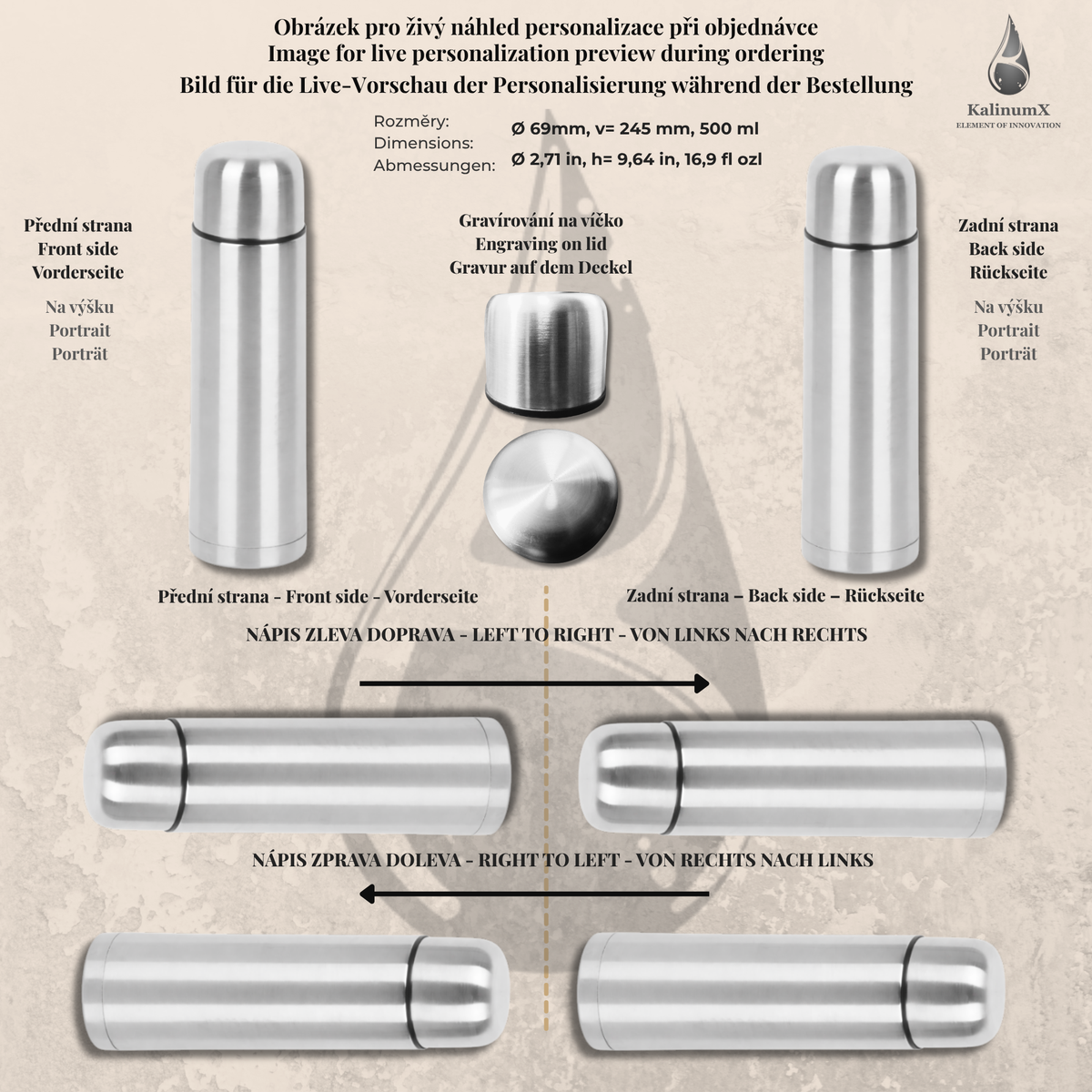 Vacuum flask – 500 ml – stainless steel – silver – with engraving