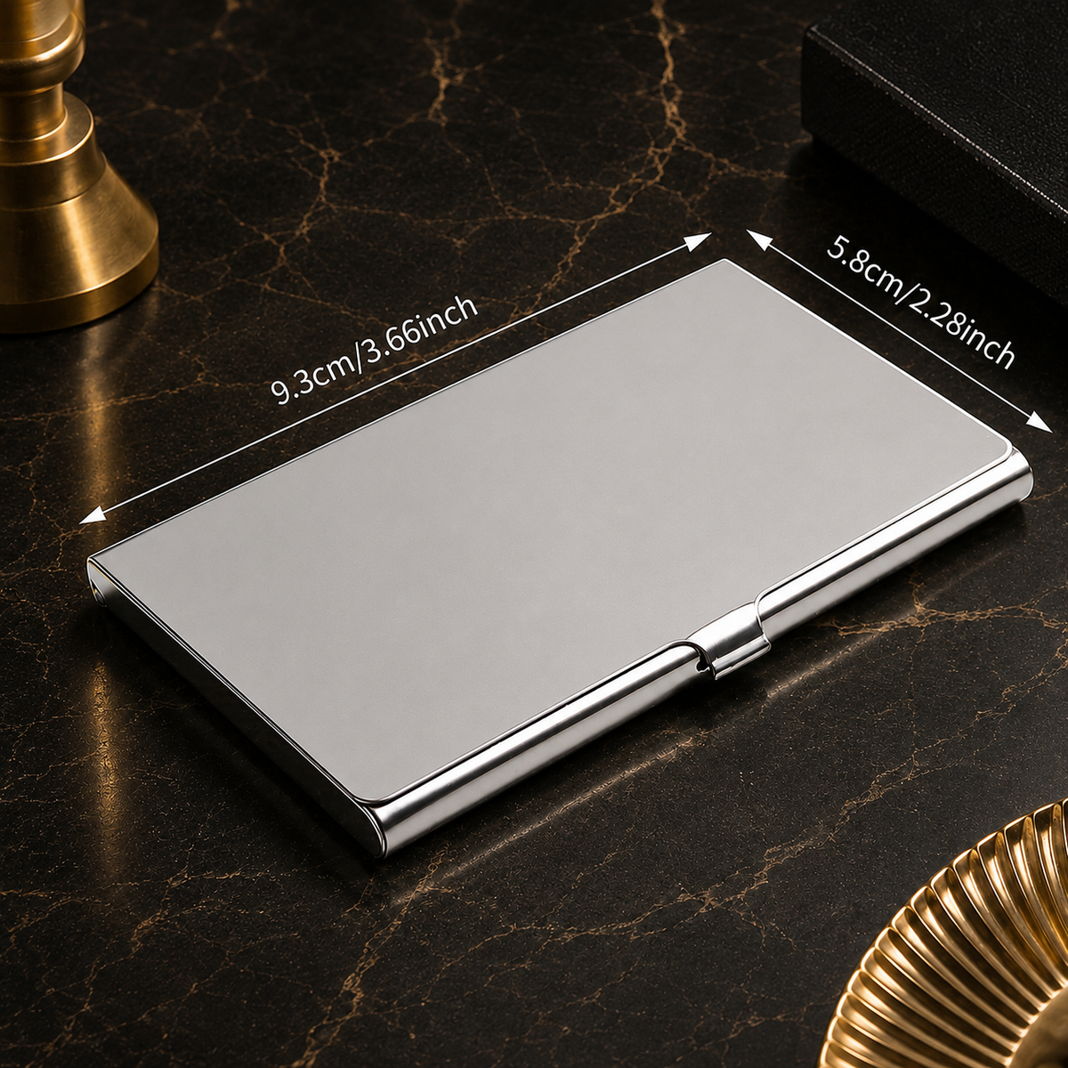 Stainless steel business card holder – 93 × 58 × 7 mm – glossy – with engraving