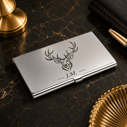 Stainless steel business card holder – 93 × 58 × 7 mm – matte – with engraving
