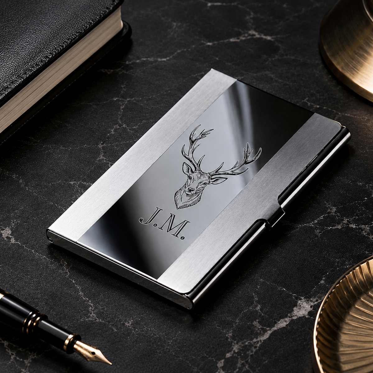 Stainless steel business card holder – 93 × 58 × 7 mm – with engraving