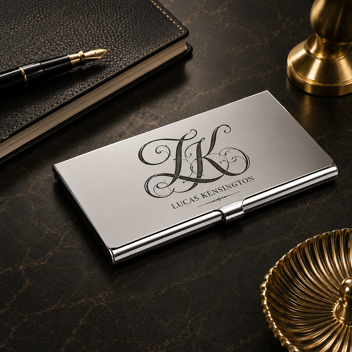 Stainless steel business card holder – 93 × 58 × 7 mm – with engraving