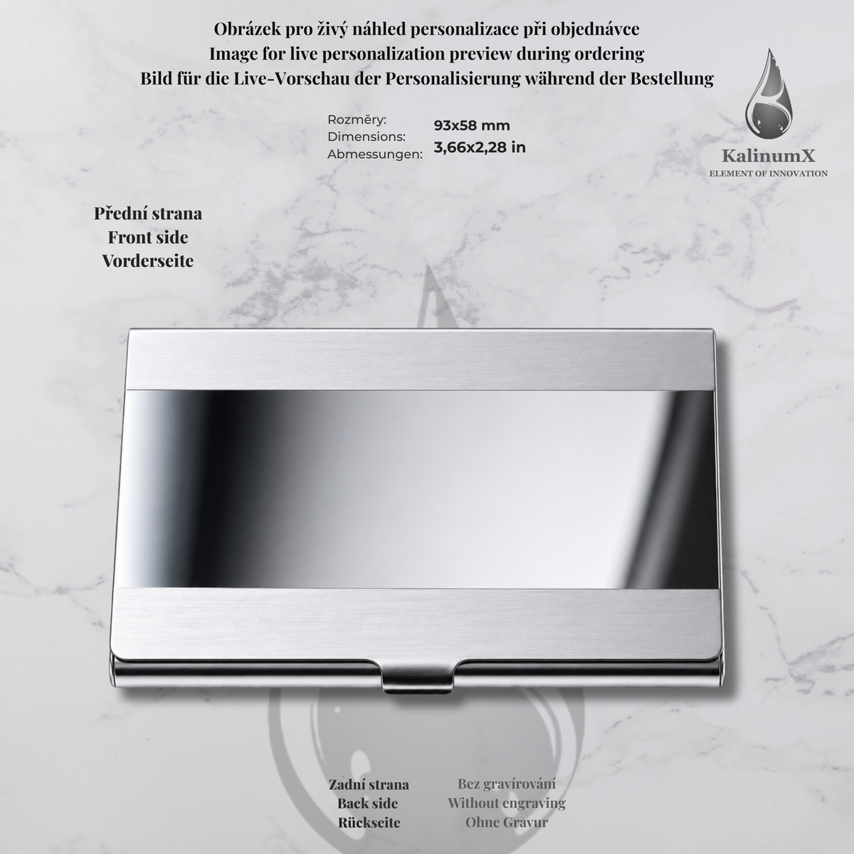 Stainless steel business card holder – 93 × 58 × 7 mm – with engraving