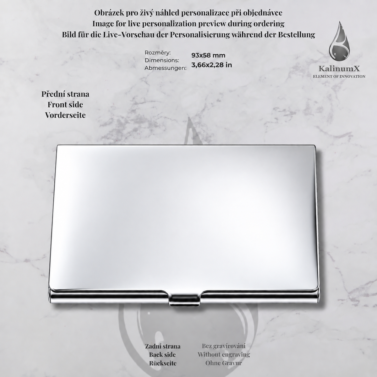 Stainless steel business card holder – 93 × 58 × 7 mm – with engraving