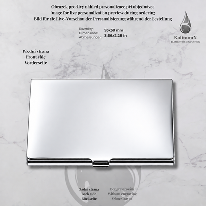 Stainless steel business card holder – 93 × 58 × 7 mm – with engraving