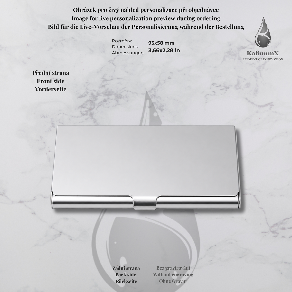 Stainless steel business card holder – 93 × 58 × 7 mm – with engraving