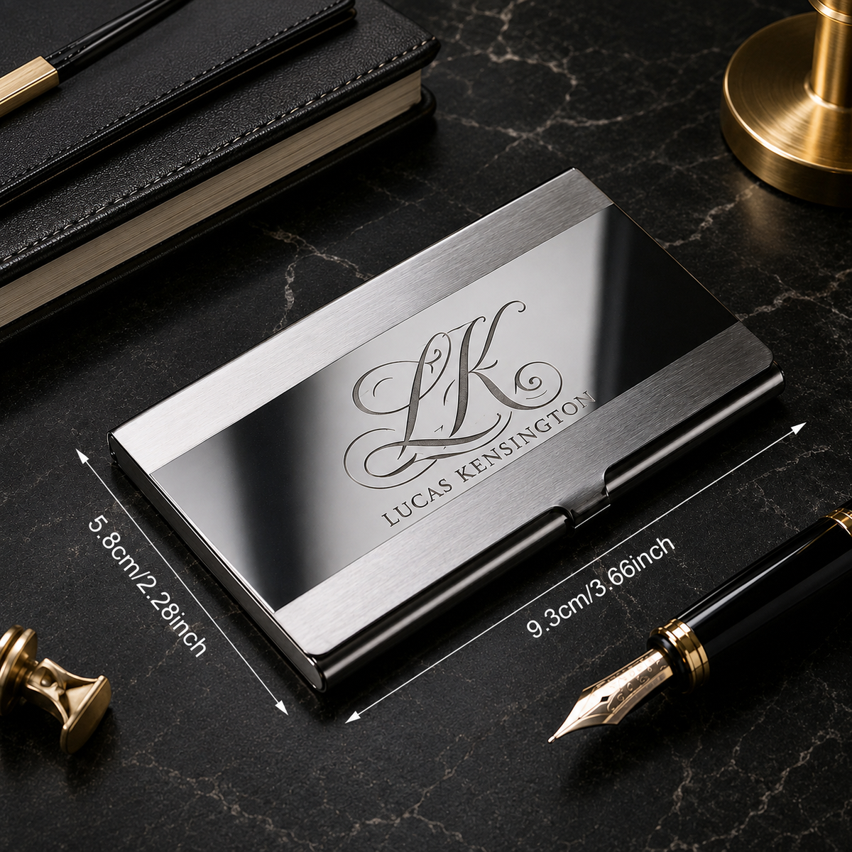 Stainless steel business card holder – 93 × 58 × 7 mm – silver stripe – with engraving