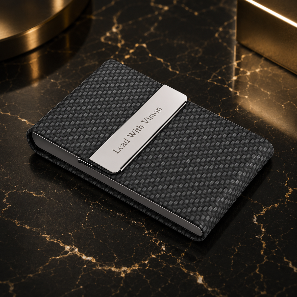 Black carbon-look stainless steel and PU business card holder – 93 × 60 × 13 mm – black – with engraving