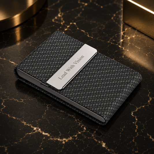 Black carbon-look stainless steel and PU business card holder – 93 × 60 × 13 mm – black – with engraving