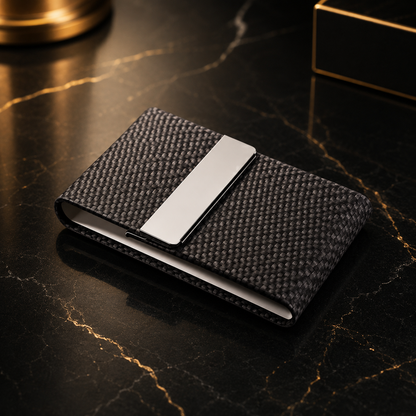 Black carbon-look stainless steel and PU business card holder – 93 × 60 × 13 mm – black – with engraving
