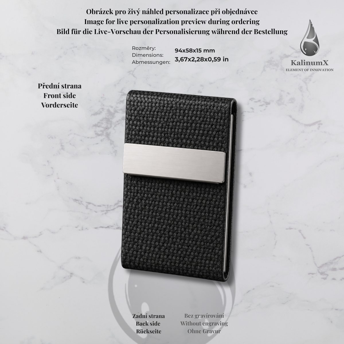 Black carbon-look stainless steel and PU business card holder – 93 × 60 × 13 mm – black – with engraving