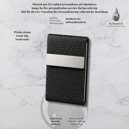 Black carbon-look stainless steel and PU business card holder – 93 × 60 × 13 mm – black – with engraving