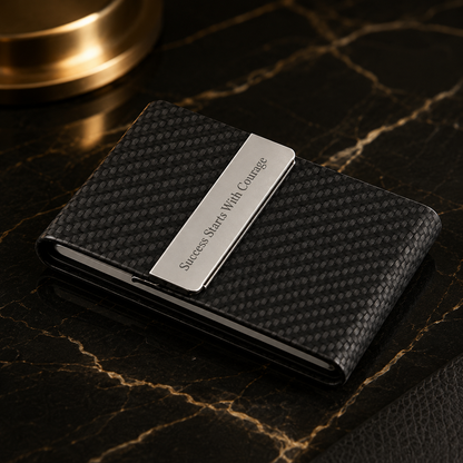 Black carbon-look stainless steel and PU business card holder – 93 × 60 × 13 mm – black – with engraving