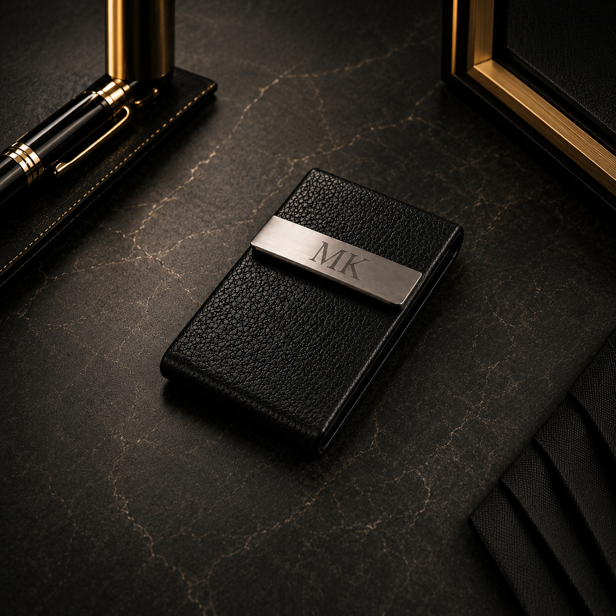 Stainless steel and PU leatherette business card holder – 95 × 60 × 13 mm – black – with engraving