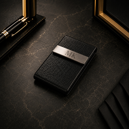 Stainless steel and PU leatherette business card holder – 95 × 60 × 13 mm – black – with engraving