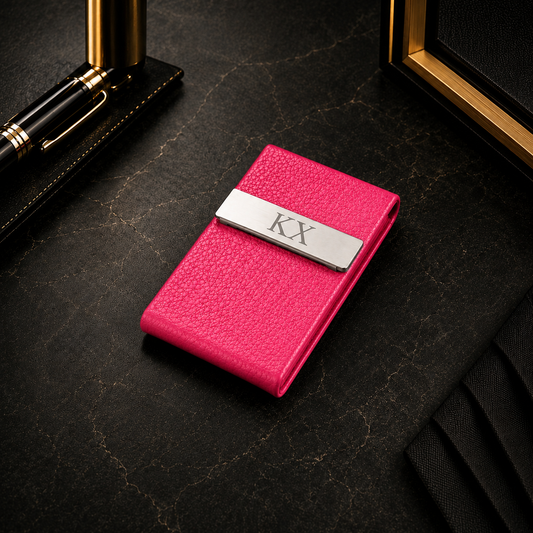 Stainless steel and PU leatherette business card holder – 95 × 60 × 13 mm – pink – with engraving