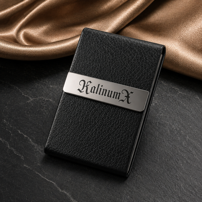 Stainless steel and PU leatherette business card holder – 95 × 60 × 13 mm – with engraving