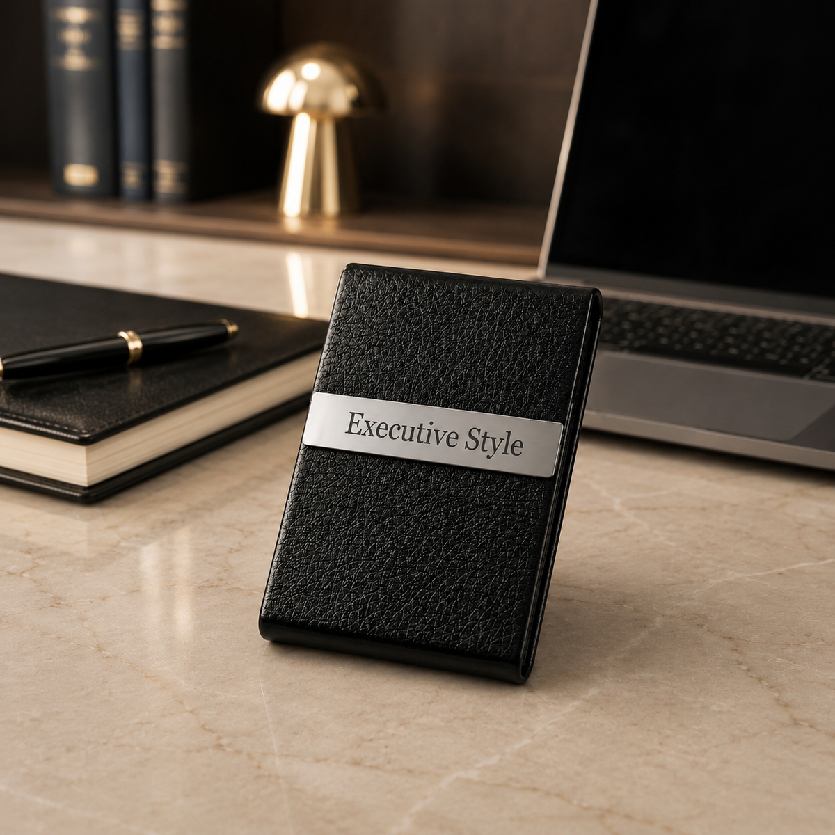 Stainless steel and PU leatherette business card holder – 95 × 60 × 13 mm – with engraving