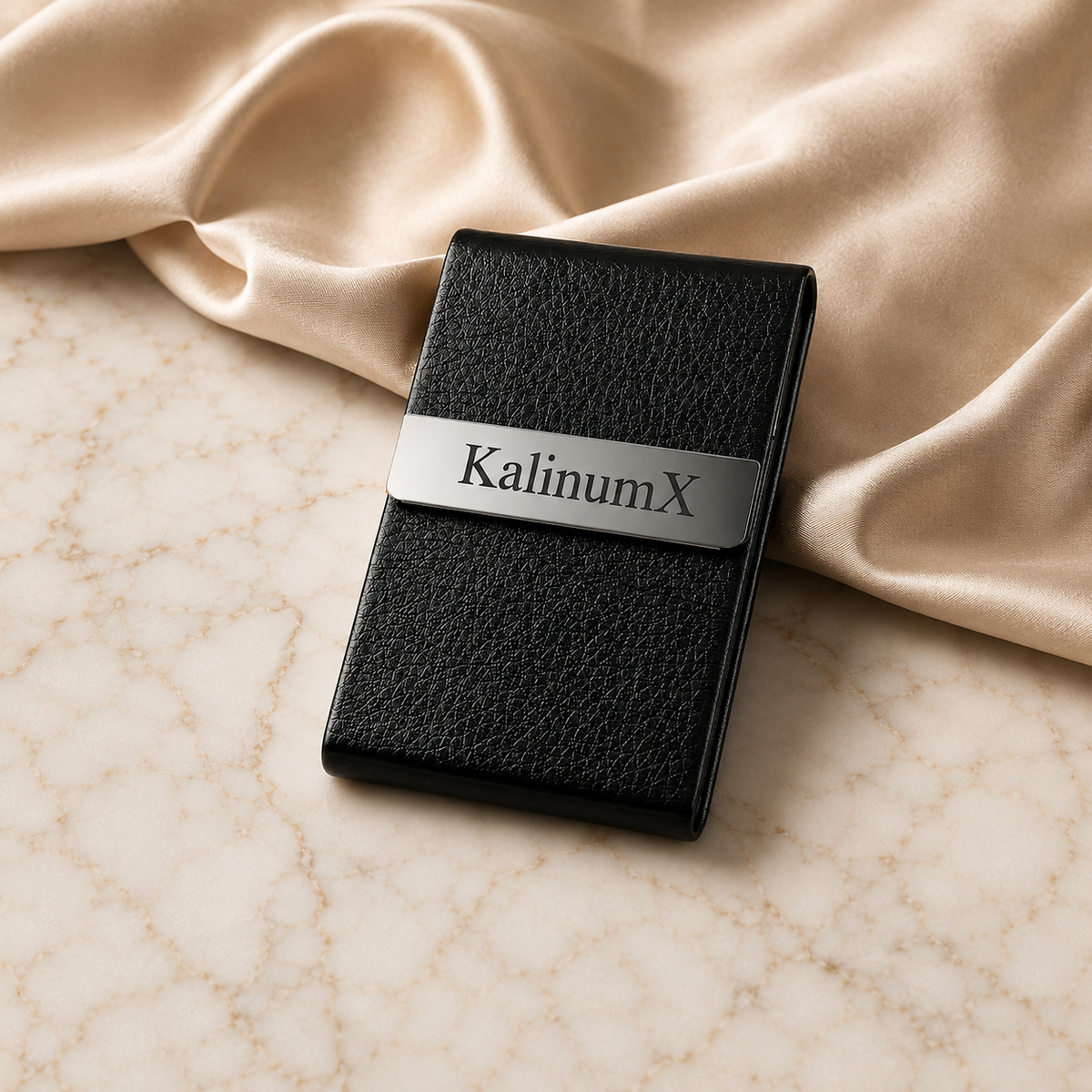 Stainless steel and PU leatherette business card holder – 95 × 60 × 13 mm – with engraving