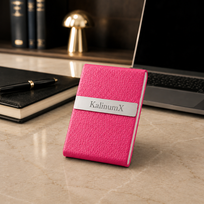 Stainless steel and PU leatherette business card holder – 95 × 60 × 13 mm – with engraving