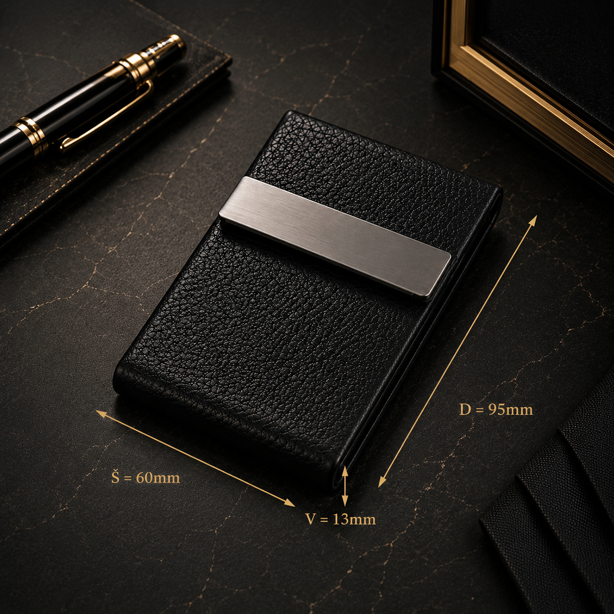 Stainless steel and PU leatherette business card holder – 95 × 60 × 13 mm – with engraving