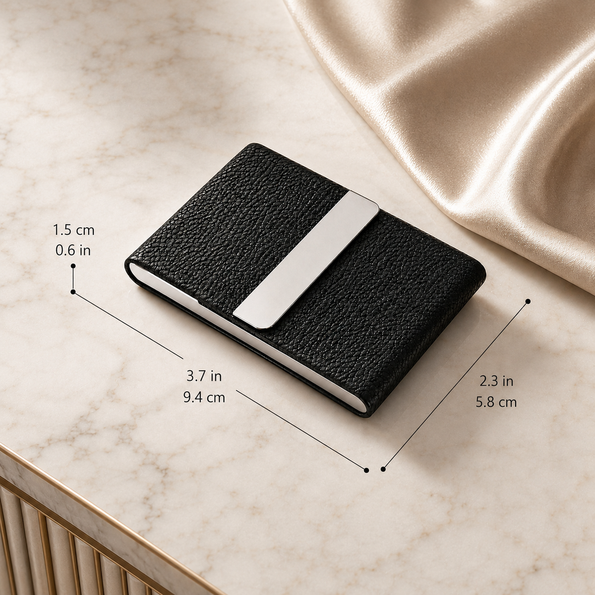 Stainless steel and PU leatherette business card holder – 95 × 60 × 13 mm – with engraving
