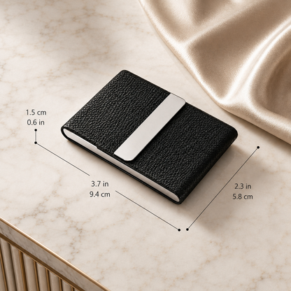 Stainless steel and PU leatherette business card holder – 95 × 60 × 13 mm – with engraving