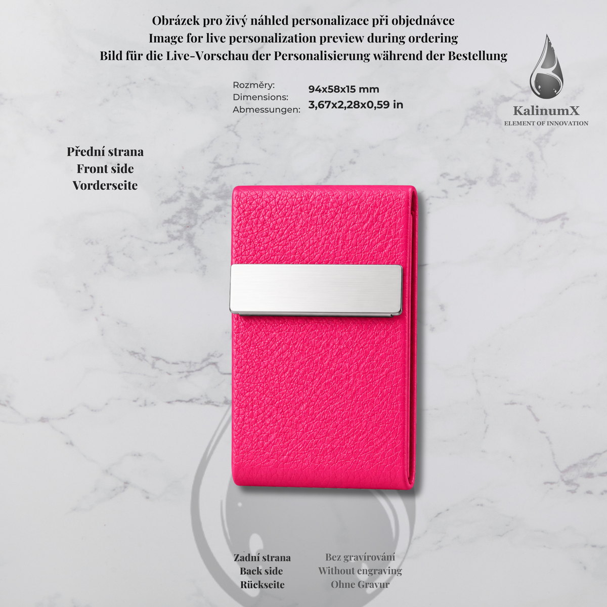 Stainless steel and PU leatherette business card holder – 95 × 60 × 13 mm – with engraving