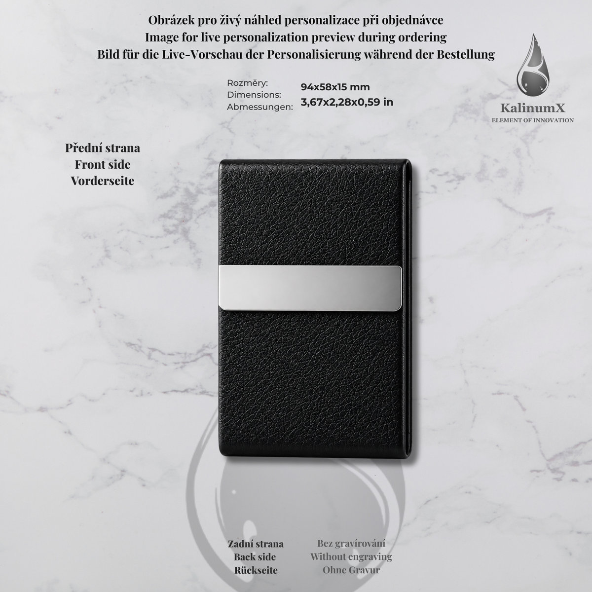 Stainless steel and PU leatherette business card holder – 95 × 60 × 13 mm – with engraving