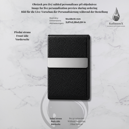 Stainless steel and PU leatherette business card holder – 95 × 60 × 13 mm – with engraving