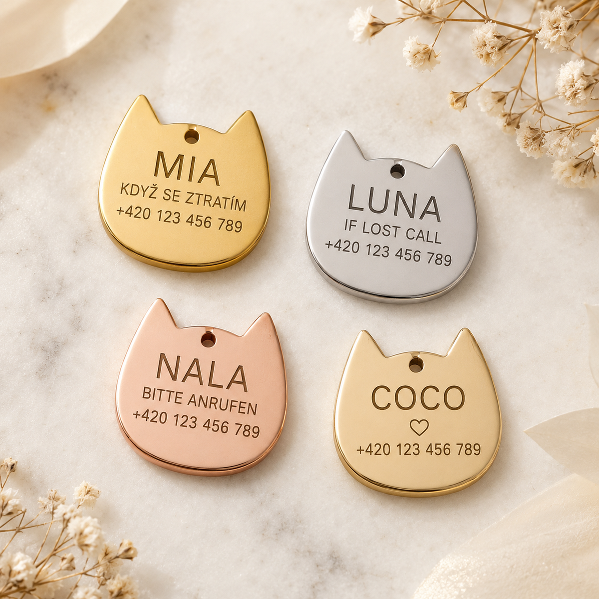 Dog Tag – 25 × 25 mm – stainless steel – cat-head tag with engraving