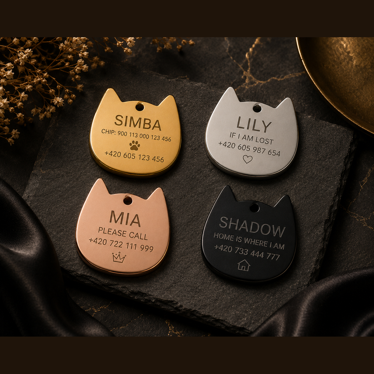 Dog Tag – 25 × 25 mm – stainless steel – cat-head tag with engraving