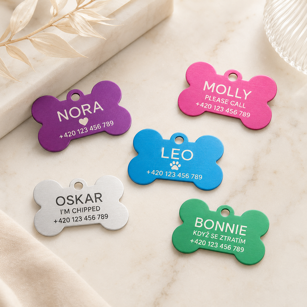 Dog Tag – 38 × 25 mm – hliník – kost – pro domácí mazlíčky s gravírováním