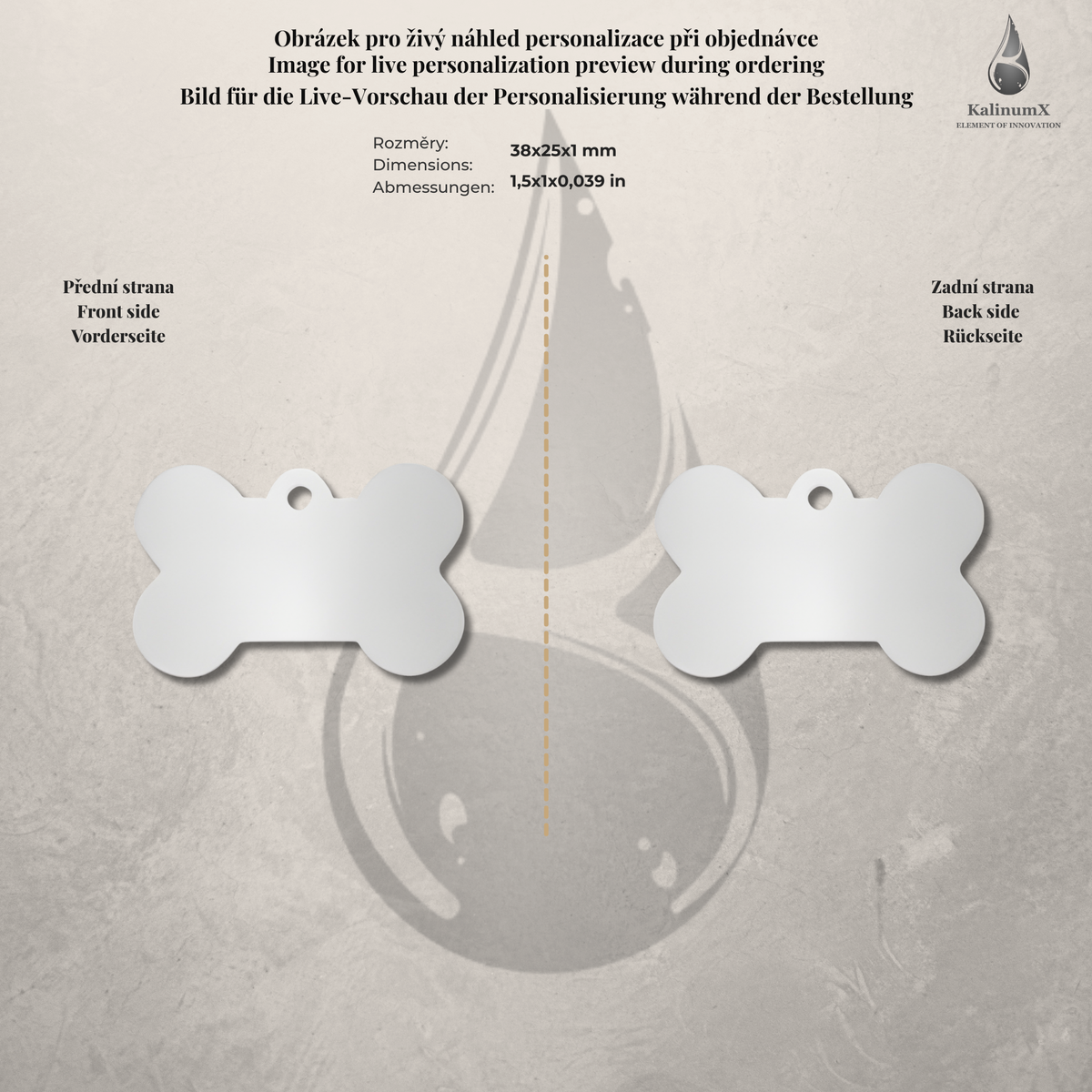 Dog Tag – 38 × 25 mm – hliník – kost – pro domácí mazlíčky s gravírováním