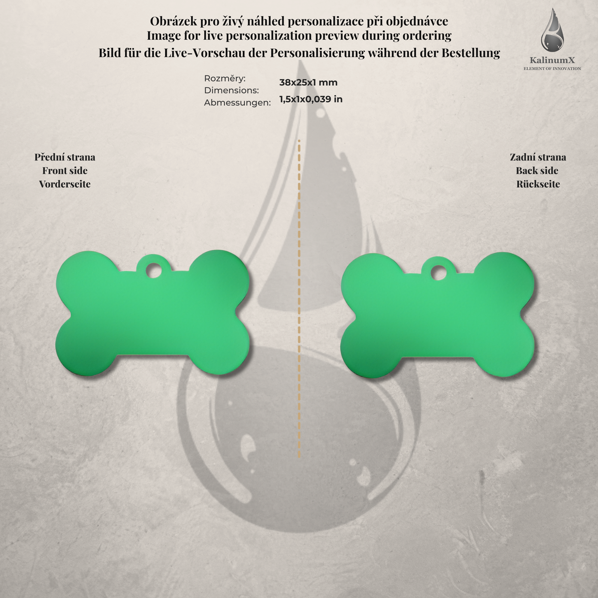 Dog Tag – 38 × 25 mm – hliník – kost – pro domácí mazlíčky s gravírováním