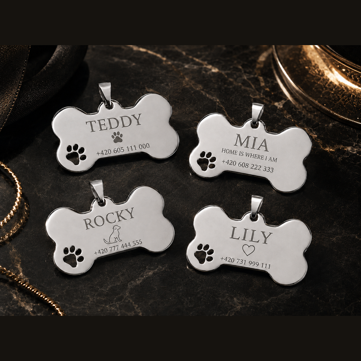 Dog Tag – 50 × 35 mm – nerez – stříbrná – kost – pro domácí mazlíčky s gravírováním