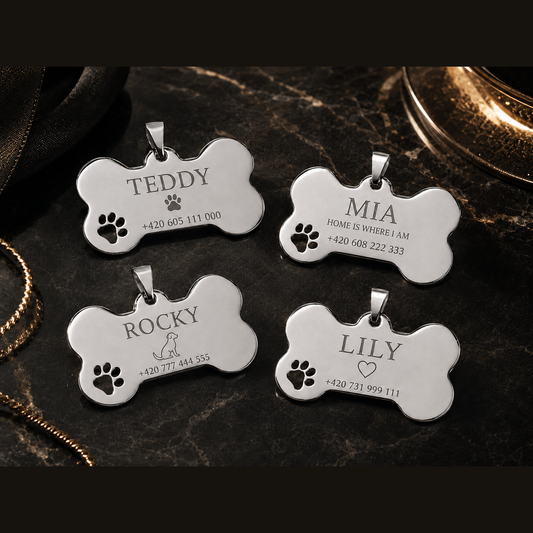 Dog Tag – 50 × 35 mm – stainless steel – silver-tone bone-shaped pet tag with engraving