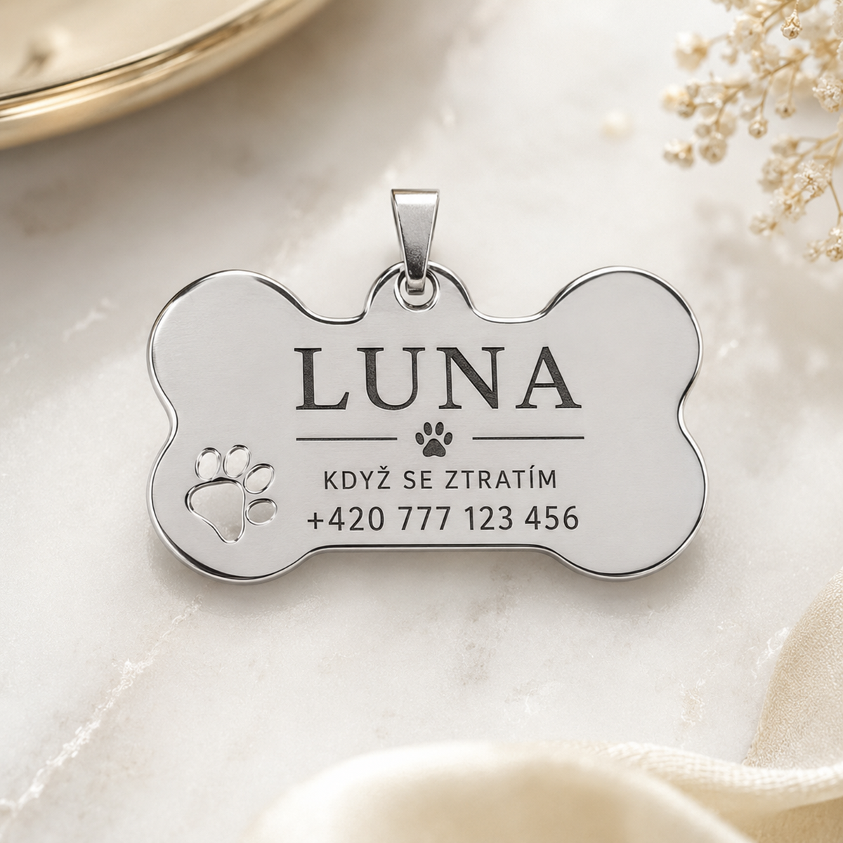 Dog Tag – 50 × 35 mm – nerez – stříbrná – kost – pro domácí mazlíčky s gravírováním