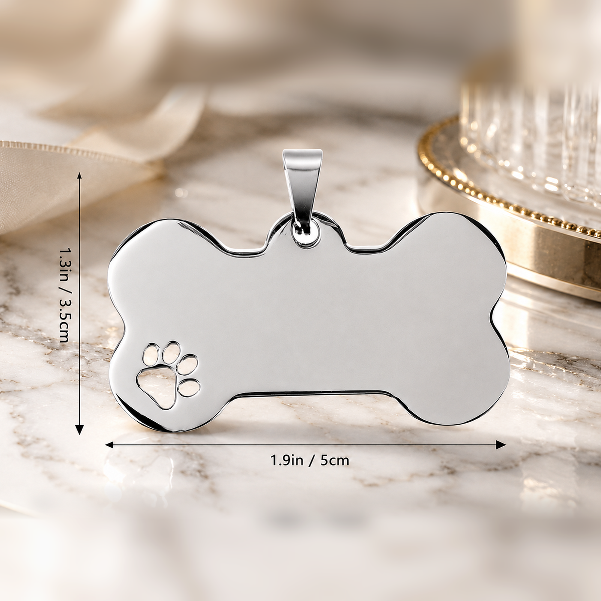 Dog Tag – 50 × 35 mm – nerez – stříbrná – kost – pro domácí mazlíčky s gravírováním
