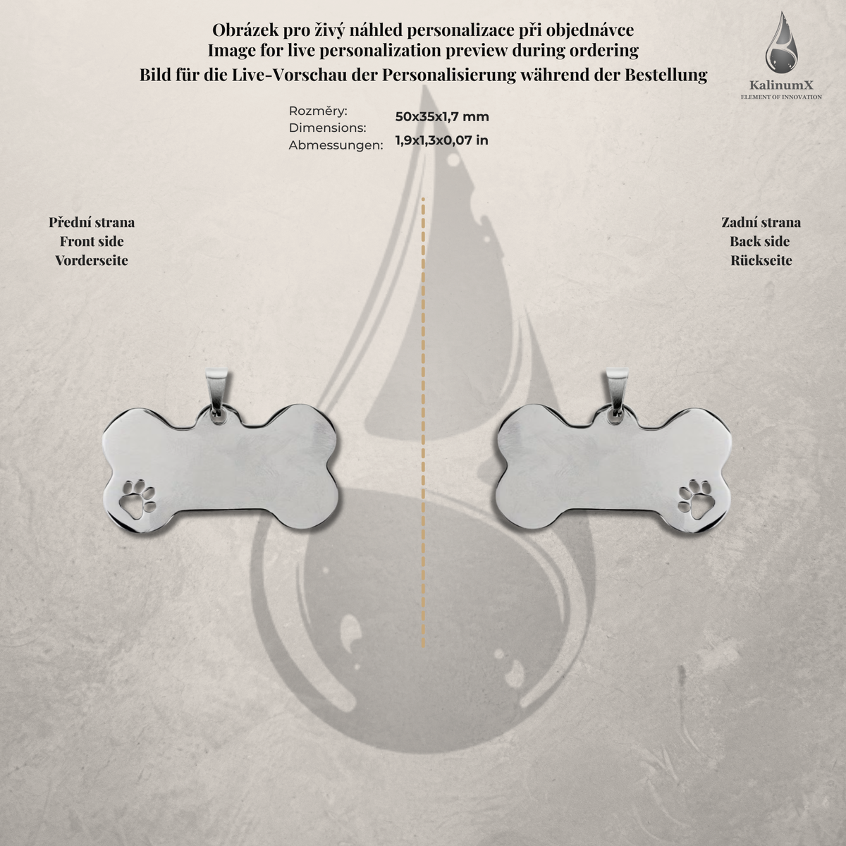 Dog Tag – 50 × 35 mm – nerez – stříbrná – kost – pro domácí mazlíčky s gravírováním