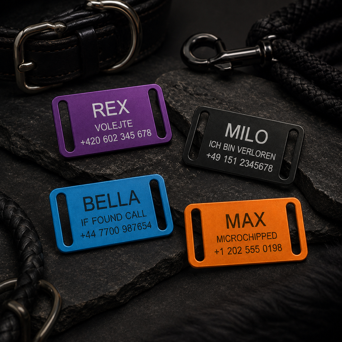 Dog Tag – 42,5 × 22 mm – hliník – navlékací na obojek – pro domácí mazlíčky s gravírováním